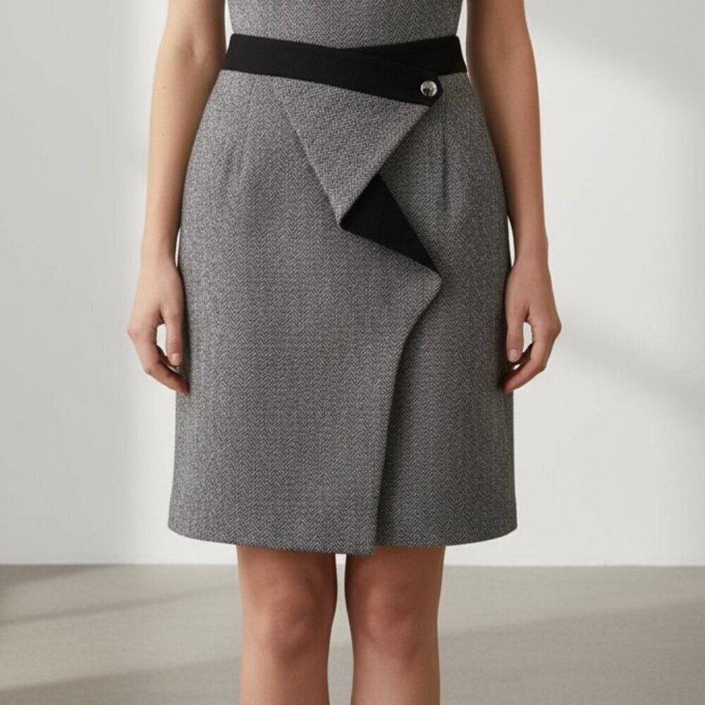 Karen Millen Black and White Wool Tweed Origami Front Pencil Skirt Size 6